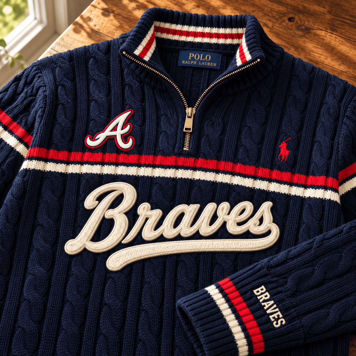 ALB PREMIUM Varsity Cable-Knit Quarter-Zip Sweater NHVH